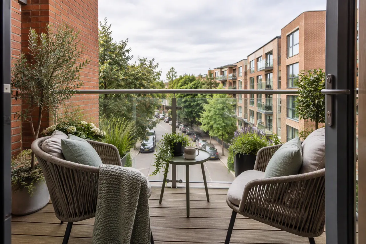 Apartment balcony with two chairs and a small table, looking over a tree-lined street