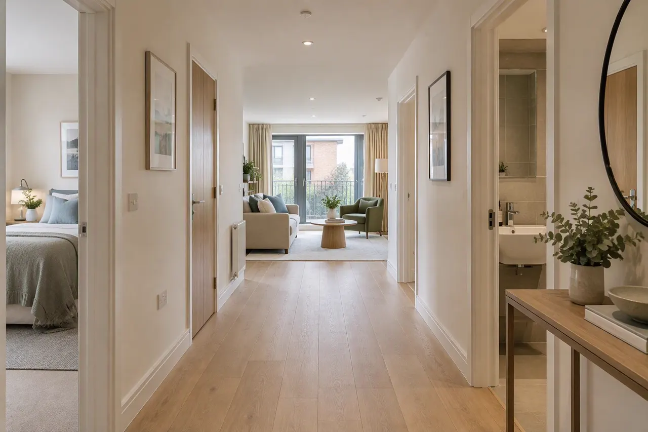 Apartment hallway with a wooden floor running toward the living room at the far end