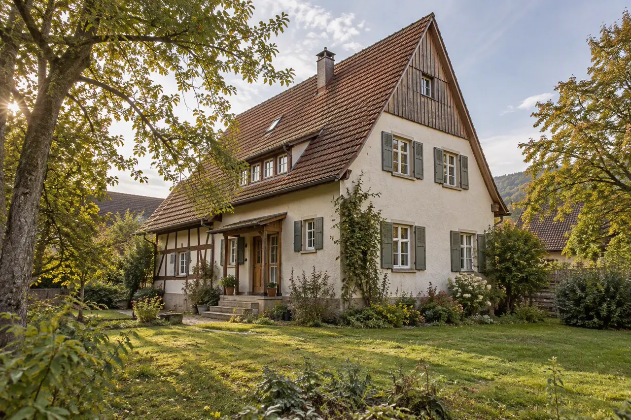 Traditional house with a steep tiled roof seen from a large garden with old trees