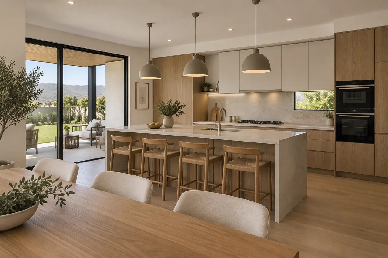 Open kitchen with a long island and bar stools, pendant lights and garden doors behind