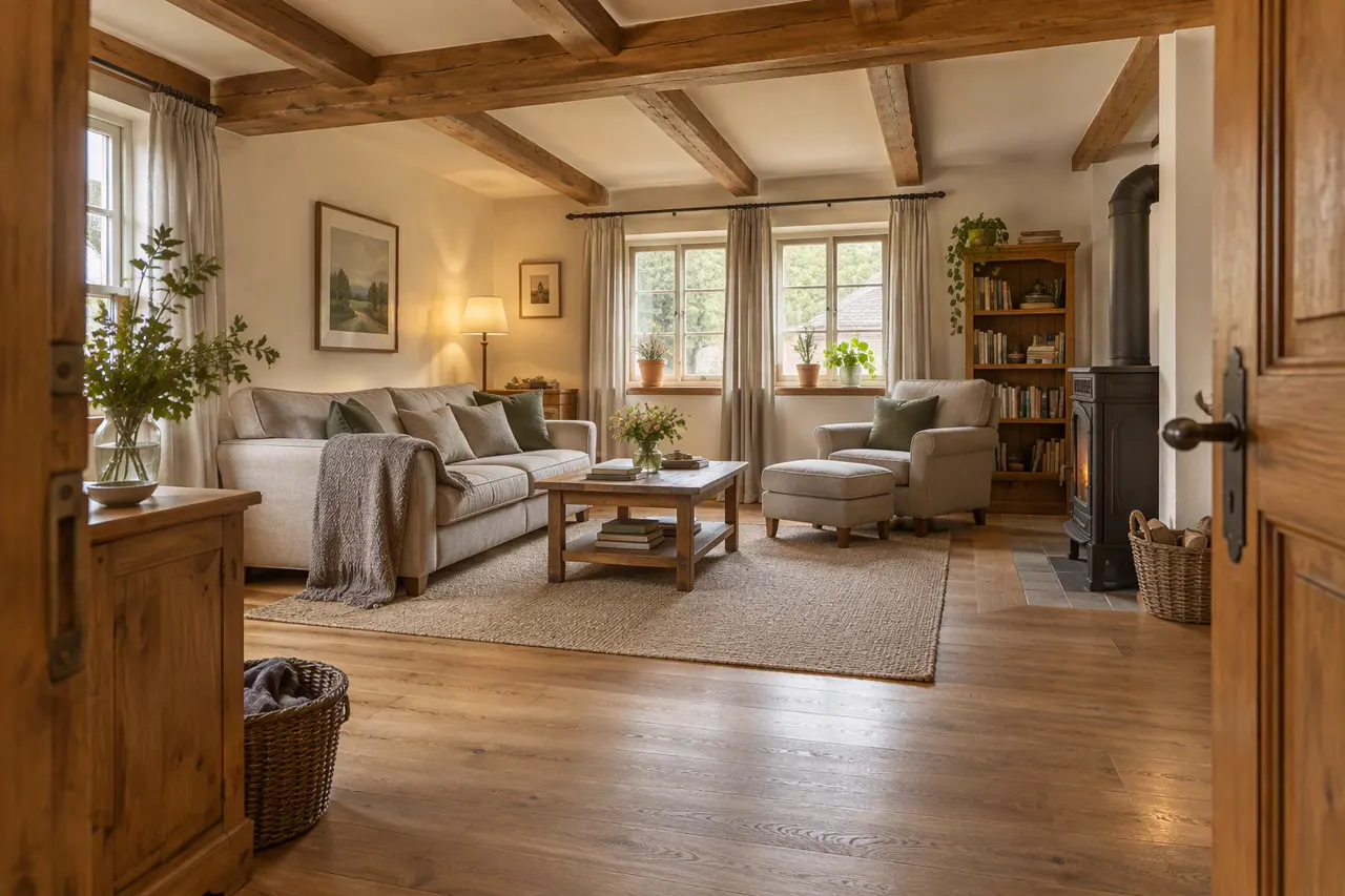 Living room seen through an open wooden door frame, with beams and a sofa beyond