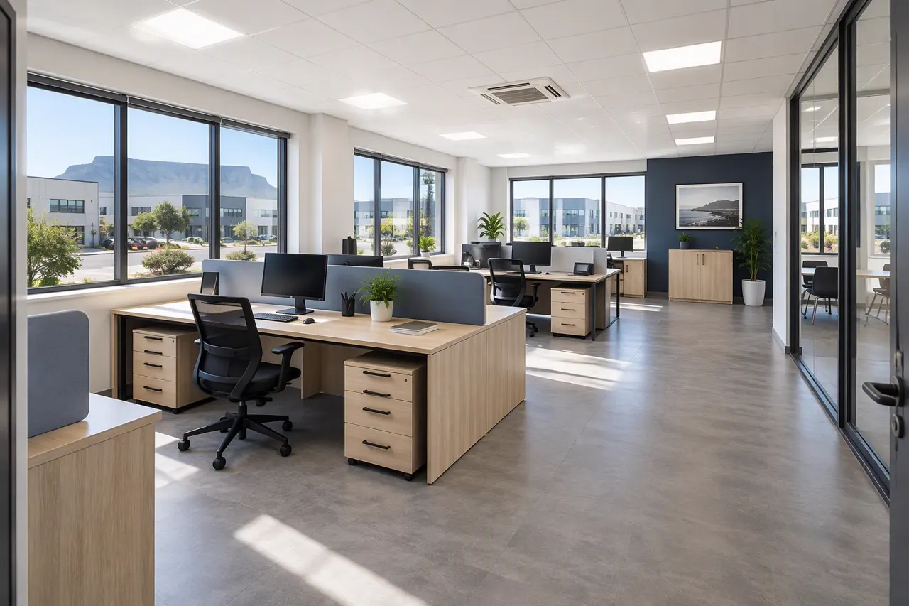 Open-plan office with desks and large windows onto mountains