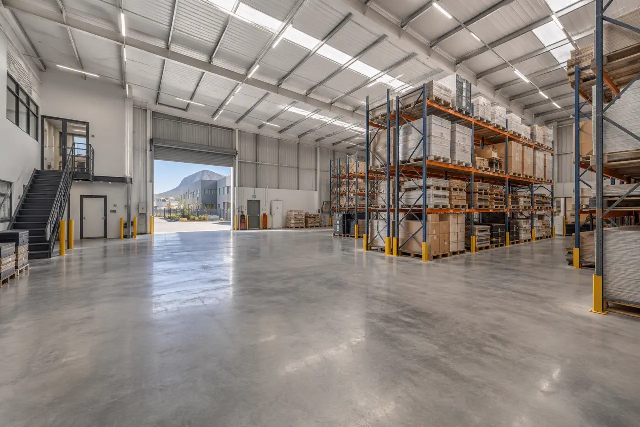 Warehouse floor with high racking and an open roller door